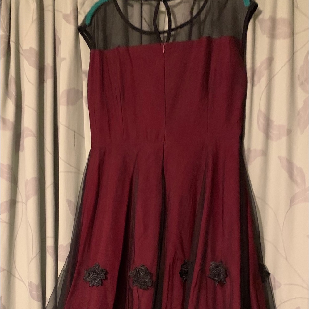 Sheer/lace collar shoulder, cocktail flare dress.